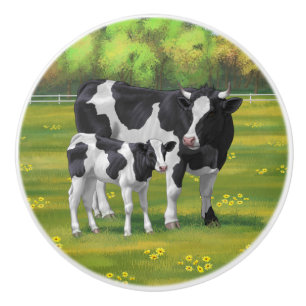 Holstein Kuh & Niedliches Kalb im Sommer Weide Keramikknauf