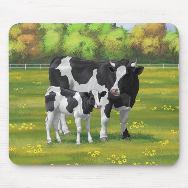 Holstein Kuh & Niedliches Kalb im Sommer Weide Mousepad (Vorne)