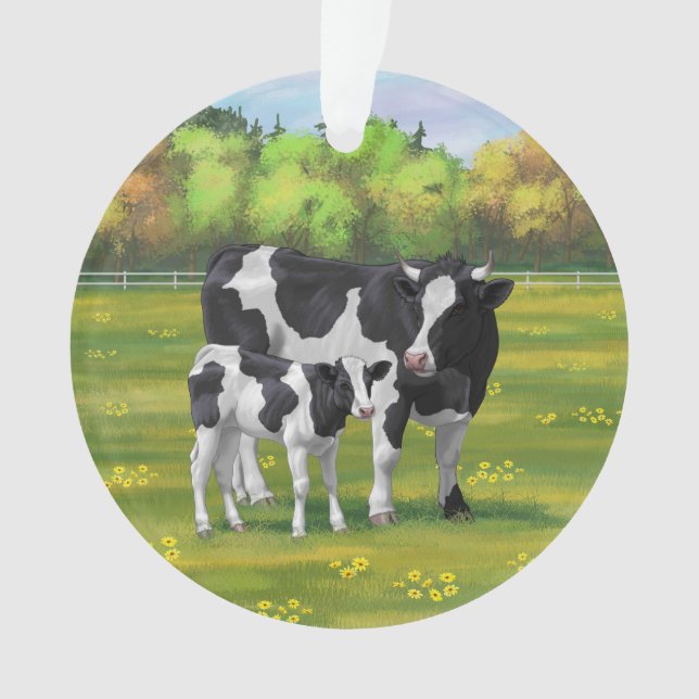 Holstein Kuh & Niedliches Kalb im Sommer Weide Ornament (Vorderseite)