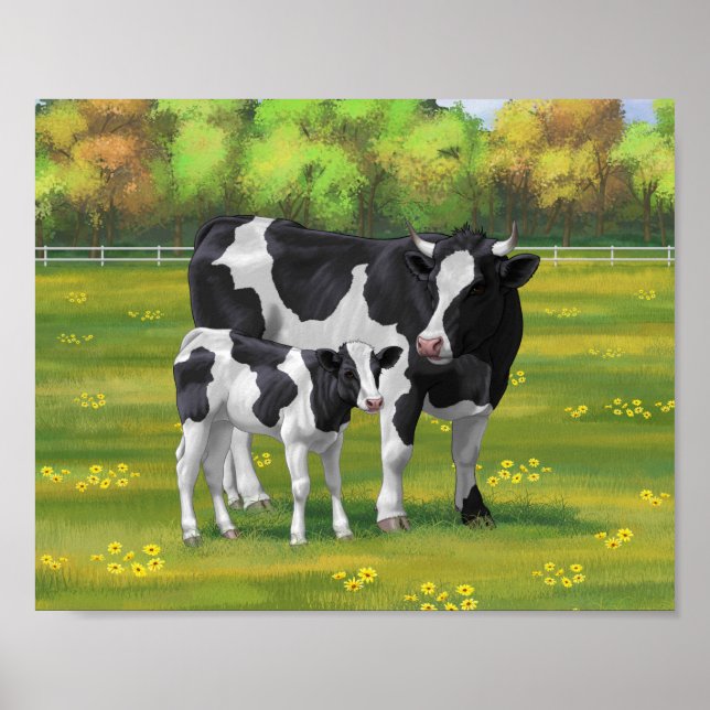 Holstein Kuh & Niedliches Kalb im Sommer Weide Poster (Vorne)