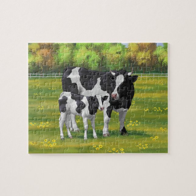 Holstein Kuh & Niedliches Kalb im Sommer Weide Puzzle (Horizontal)