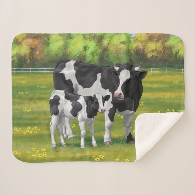 Holstein Kuh & Niedliches Kalb im Sommer Weide Sherpadecke (Vorderseite (Horizontal))