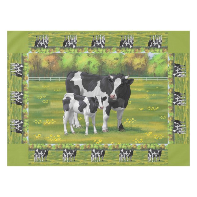 Holstein Kuh & Niedliches Kalb im Sommer Weide Tischdecke (Vorderseite (Horizontal))