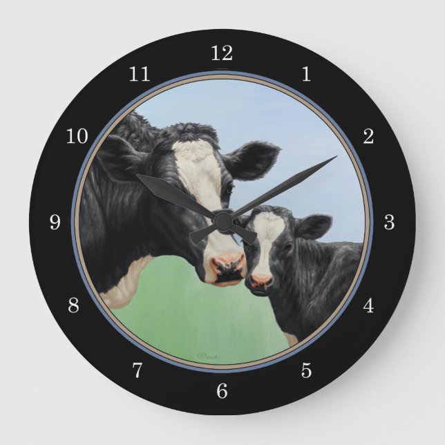 Holstein Kuh und Kalb Große Wanduhr (Vorderseite)
