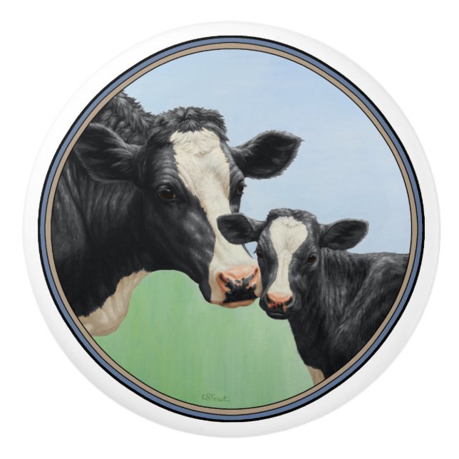 Holstein Kuh und Kalb Keramikknauf (Vorderseite)