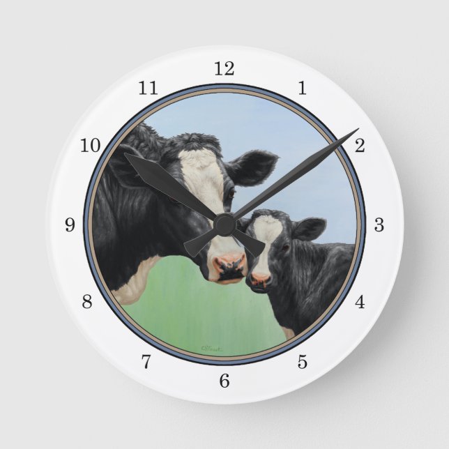 Holstein Kuh und Kalb Runde Wanduhr (Vorderseite)