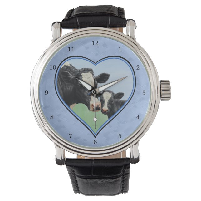 Holstein Kuh und Niedliches Kalb Blauer Herzschlag Armbanduhr (Vorderseite)