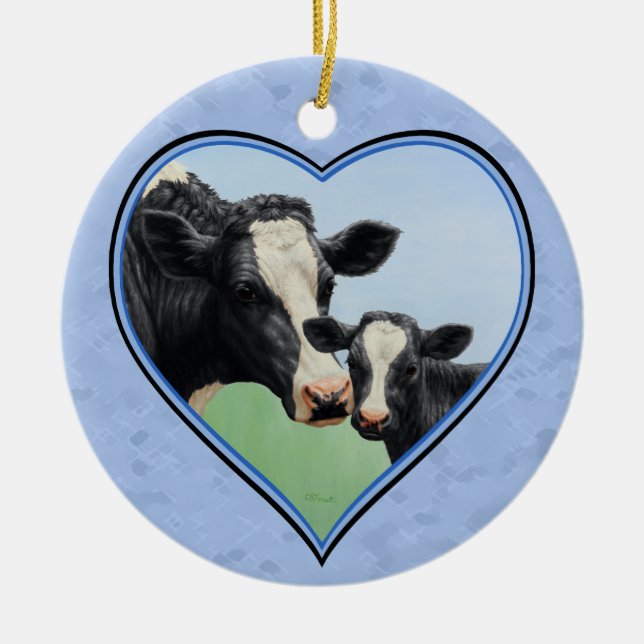 Holstein Kuh und Niedliches Kalb Blauer Herzschlag Keramikornament (Vorne)