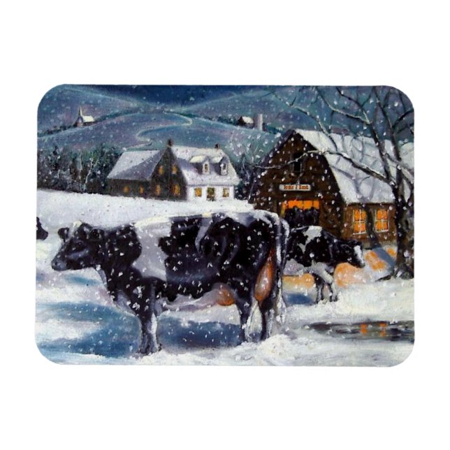 Holstein Kühe auf dem Snowy Farm Yard: Weihnachten Magnet (Horizontal)