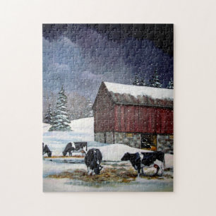 Holstein-Kühe in SnowyBarnyard: Ursprüngliche Puzzle
