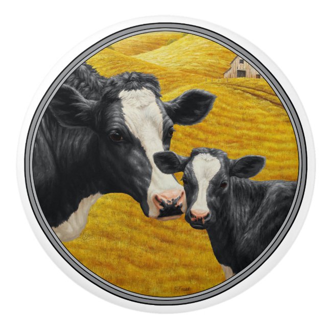 Holstein Kühe und alter Holzstall Keramikknauf (Vorderseite)