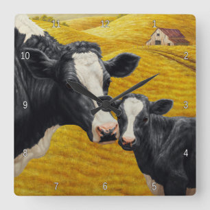 Holstein Kühe und alter Holzstall Quadratische Wanduhr