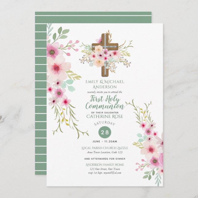 HOLY Communion Einladungen Blumenkreuz Pink Sage (Vorne/Hinten)