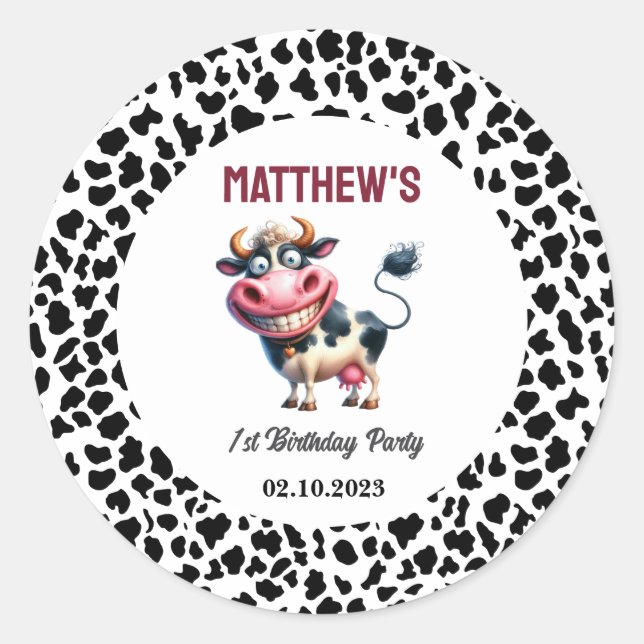 Holy Cow! 1st Birthday | Animal First Birthday  Runder Aufkleber (Vorderseite)