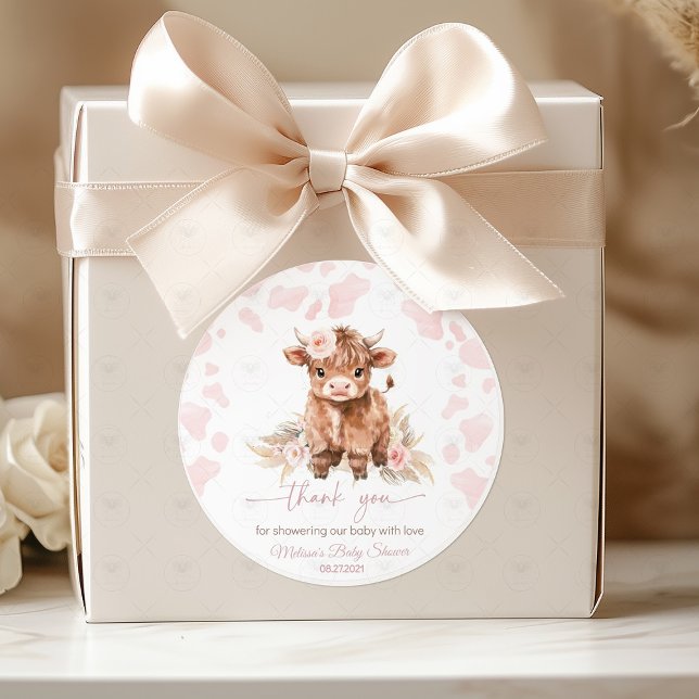 Holy Cow Boho Baby Shower Girl Runder Aufkleber (Highland Cow Holy Cow baby shower)