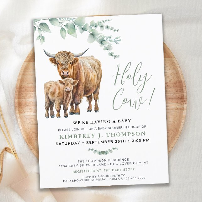 Holy Cow Boho Greenerity Highland Cow Baby Shower Einladungspostkarte (Von Creator hochgeladen)