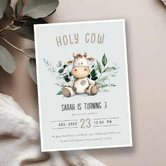 Holy Cow Foliage Pastel Dusky Blue Kindergeburtsta Einladung