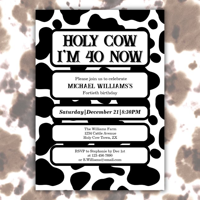 Holy Cow Funny Black White 40th Birthday Einladung (Von Creator hochgeladen)