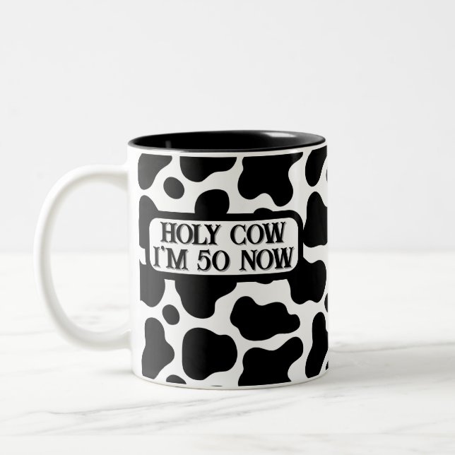 Holy Cow Funny Black White 50th Birthday Zweifarbige Tasse (Links)