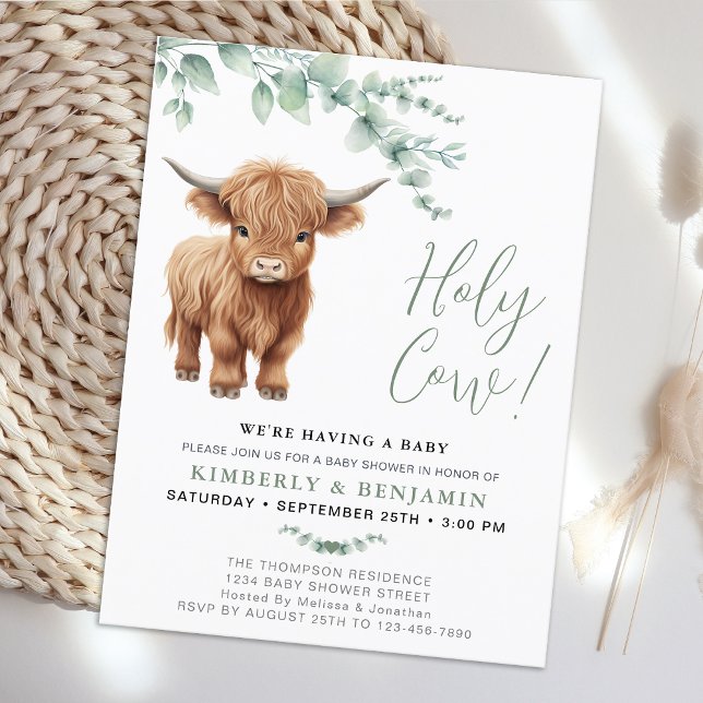 Holy Cow Greenery Highland Cow Couples Kinderdusch Postkarte (Von Creator hochgeladen)