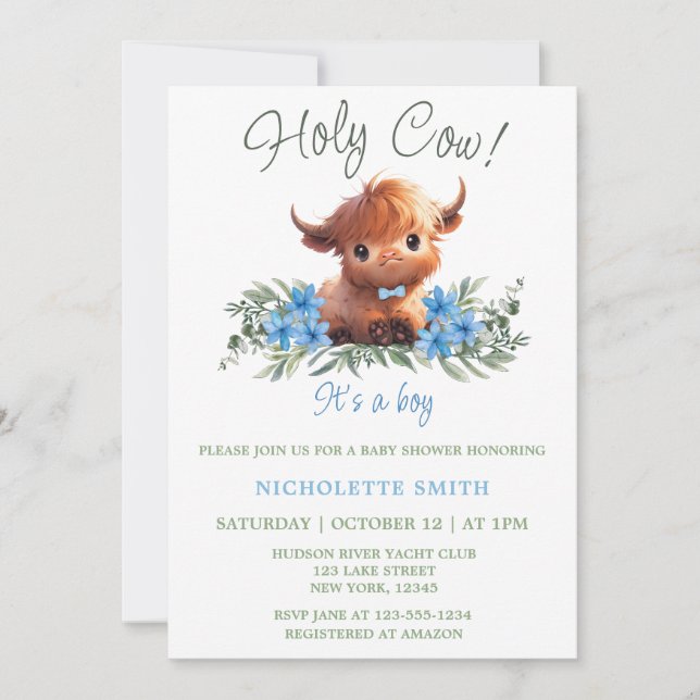 HOLY COW HIGHLAND MODERN BLAUE BABY DUSCHE EINLADUNG (Vorderseite)