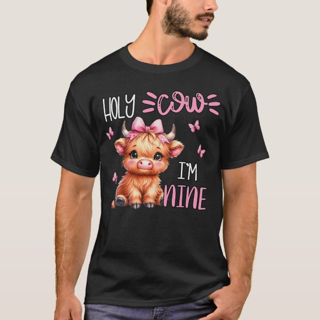 Holy Cow I'm Nine 9 Highland Cow Print 9th Birthda T-Shirt (Vorderseite)