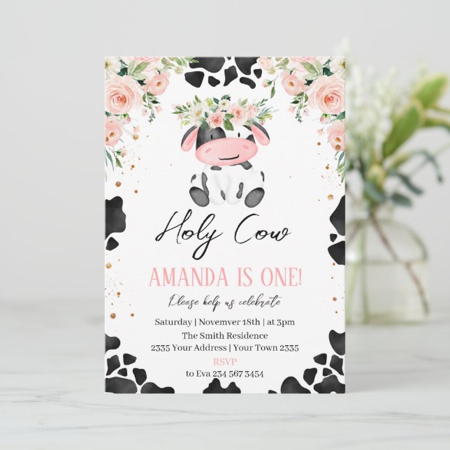 Holy Cow I'm One. Little Cow. Floral Birthday Einladung (Stehend Vorderseite)