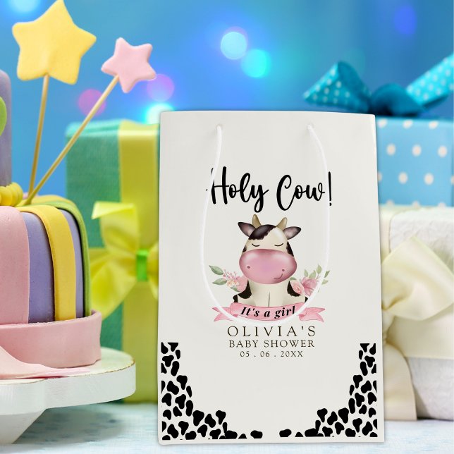 Holy Cow It's a Girl Cute Cow Baby shower Mittlere Geschenktüte (Von Creator hochgeladen)