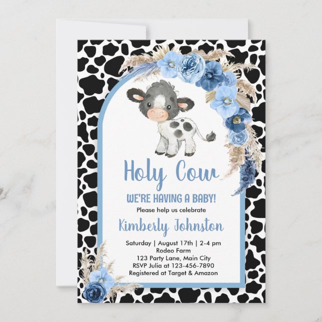 Holy Cow Junge Baby Dusche Blue Boho Farm Einladun Einladung (Vorderseite)