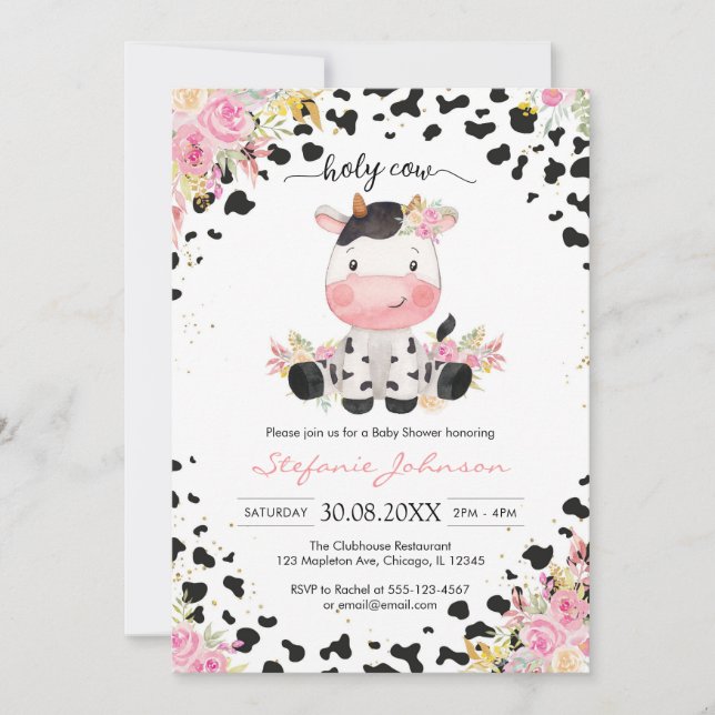 Holy Cow Pink Floral Cowgirl Baby Shower Einladung (Vorderseite)