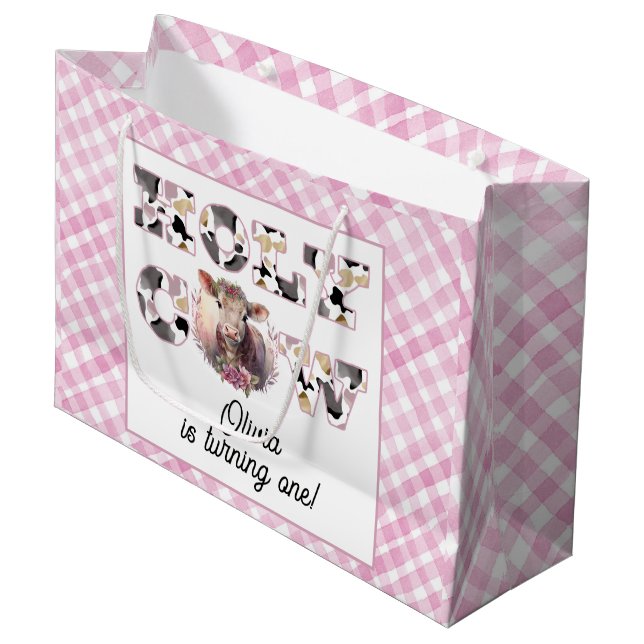 Holy Cow Pink Gingham Girl Birthday Geschenktasche Große Geschenktüte (Vorderseite Schrägansicht)