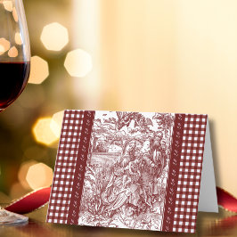 Holy Family in Burgundy Toile Gingham Christmas Dankeskarte