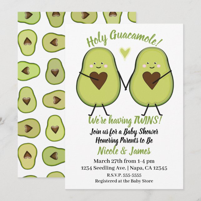 Holy Guacamole Heart Avocado Baby Shower Twins Einladung (Vorne/Hinten)