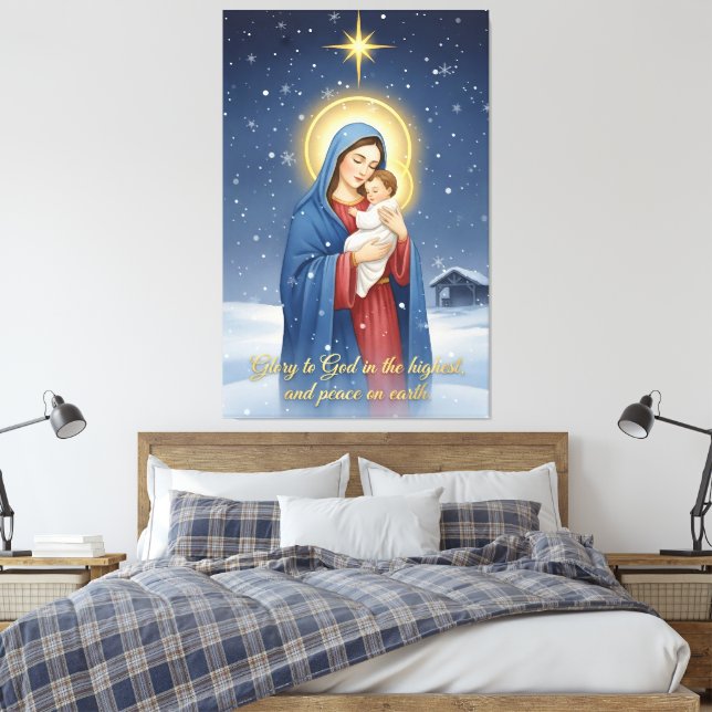 Holy Mother & Baby Jesus Stretched Canvas Print Leinwanddruck (Insitu (Schlafzimmer))
