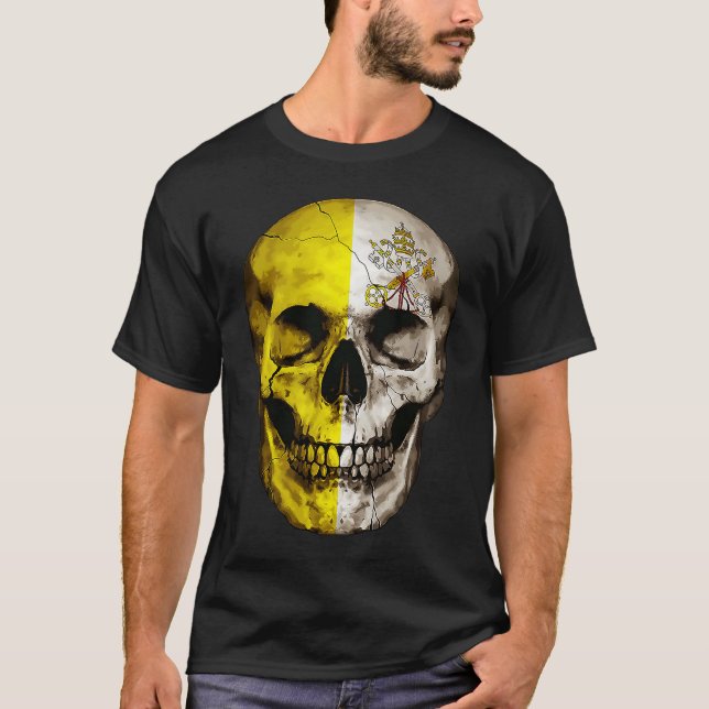 Holy See Flag Skull Vatican Roots Proud Patriotic T-Shirt (Vorderseite)