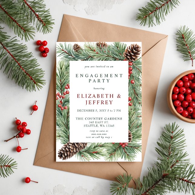Holys Berries Pine Cone Weihnachtsbindungsparty Einladung (Holly Berries Pine Cone Christmas Engagement Party Invitation)