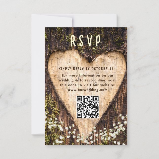 Holz Bark Heart Rustic Wedding QR Code RSVP Karte (Vorderseite)