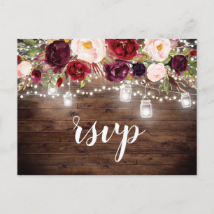 Holz-Bordeaux-Blumen-Mason-Glas-Lichterkette RSVP Einladungspostkarte