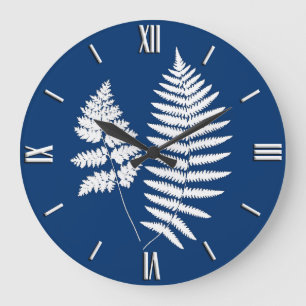 Holz-Fern-Muster, Kobalt Blau und Weiß Große Wanduhr