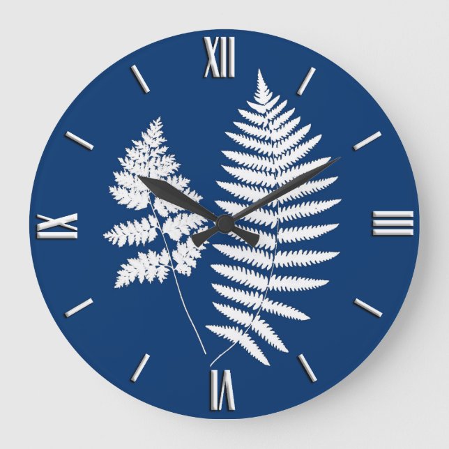 Holz-Fern-Muster, Kobalt Blau und Weiß Große Wanduhr (Vorderseite)