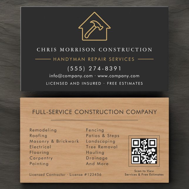 Holz-Handwerker-Bau Schwarz-Gold-QR-Code Visitenkarte (Von Creator hochgeladen)