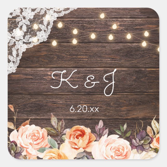 Holz Jean Lace, Blush & Peach Floral Monogram Quadratischer Aufkleber (Vorderseite)