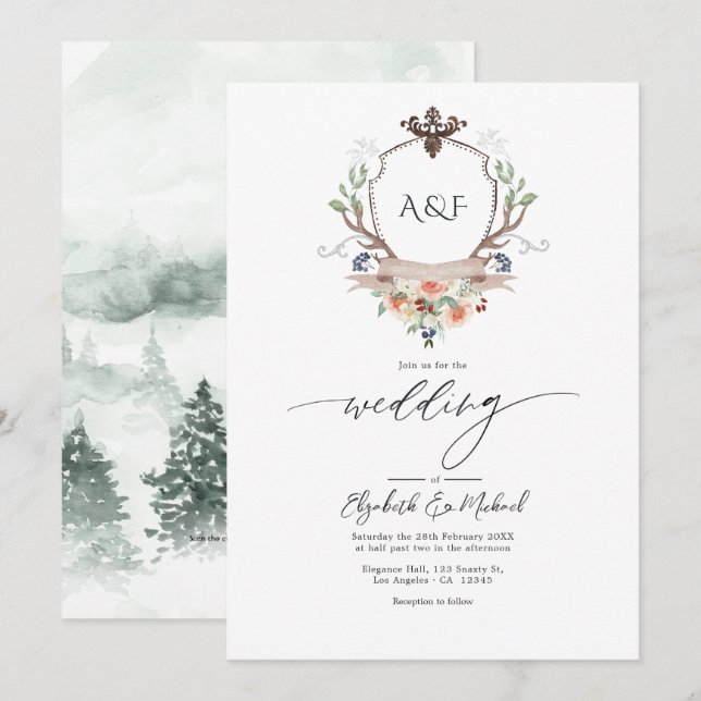 Holz Laurel Wappen Monogram QR Code Hochzeit Einladung (Vorne/Hinten)