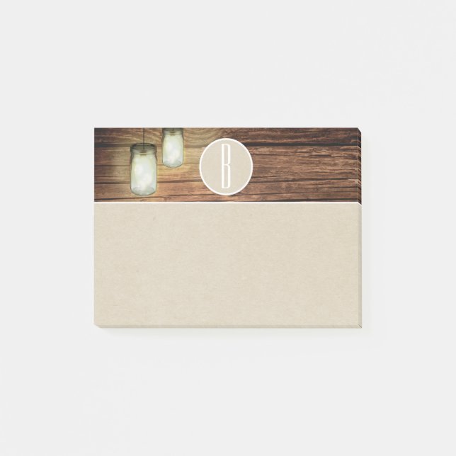 Holz-Mason-Glas-Lichter & Kraft rustikale Initiale Post-it Klebezettel (Vorderseite)