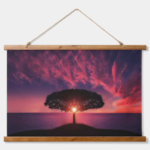 Holz Oberteil Wandteppich Sonnenuntergang Baum Sil Mit Holzrahmen
