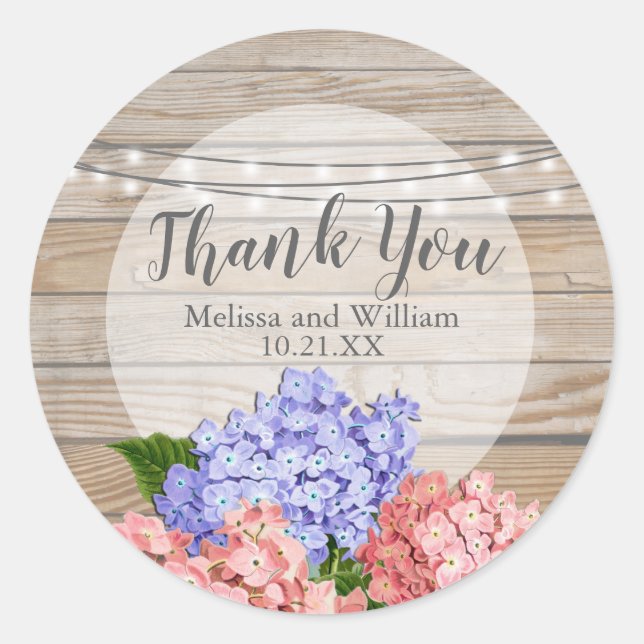 Holz Pink Hydrangea String Lights Bridal Runder Aufkleber (Vorderseite)