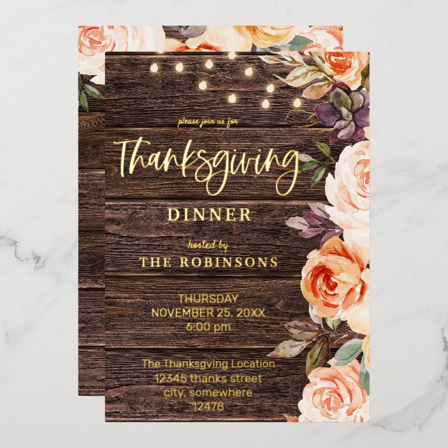 Holz Rosa & Pfirsichblüte mit Erntedank Lights Folieneinladung (Vorderseite/Rückseite)