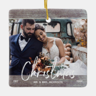 Holz Rustikal Unser erstes Weihnachtsfest-Foto Keramikornament