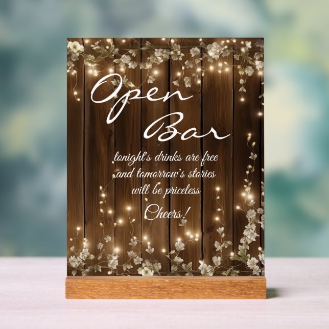 Holz Rustikale, weiße Blumenstränge Lichter Offen  Acrylschild (Neutral)