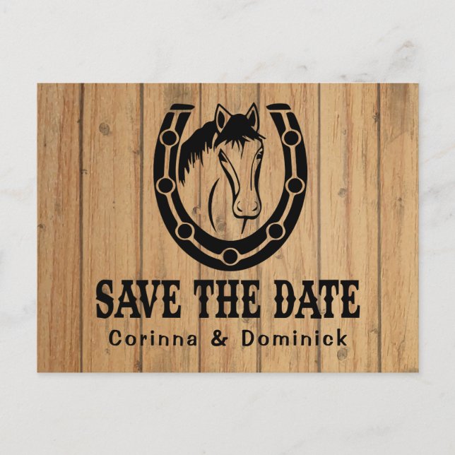 Holz Save the Date Verlobung Hochzeitspferd Postkarte (Vorderseite)